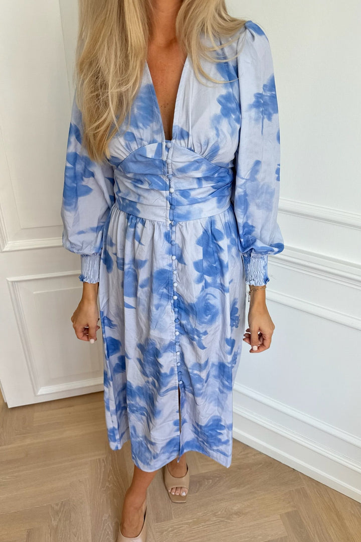 Abito midi donna floreale blu con maniche lunghe, versatile per primavera/autunno, ideale per eventi.