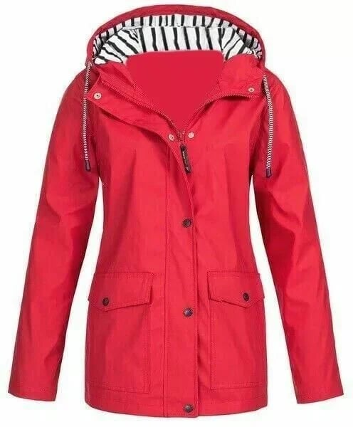 Giacca donna impermeabile casual, con cappuccio, per outfit da viaggio e pioggia improvvisa.