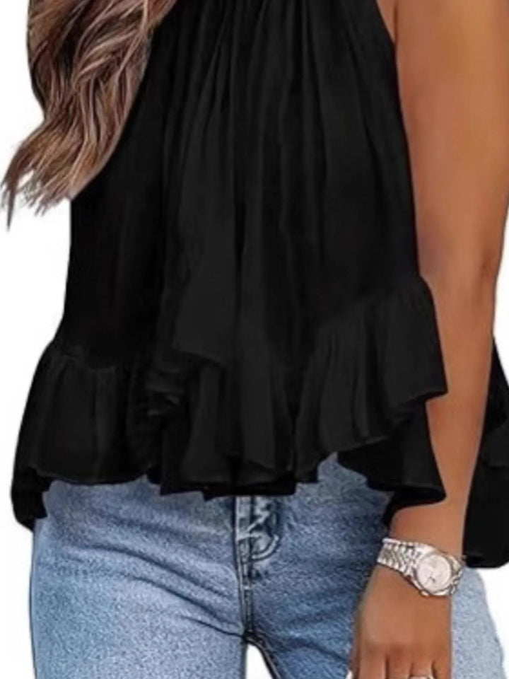 Top donna casual estivo, senza maniche e con elegante orlo arricciato. Ideale per la moda donna.