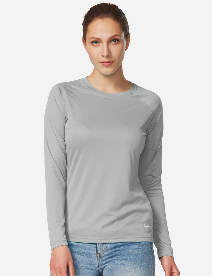 Maglia girocollo donna protezione solare, comfort per viaggio. Abbigliamento sportivo traspirante.