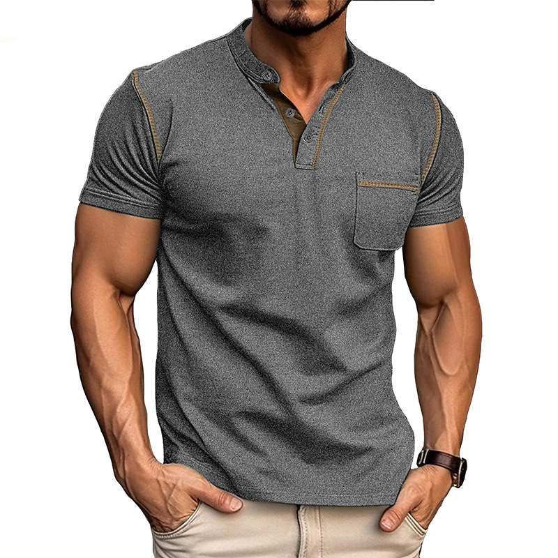 Camicia uomo versatile: collo coreana, tasca frontale. Perfetta per look casual o chic.