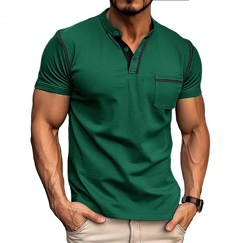 Camicia da uomo manica lunga con collo alla coreana, tasca frontale e bottoni a contrasto.