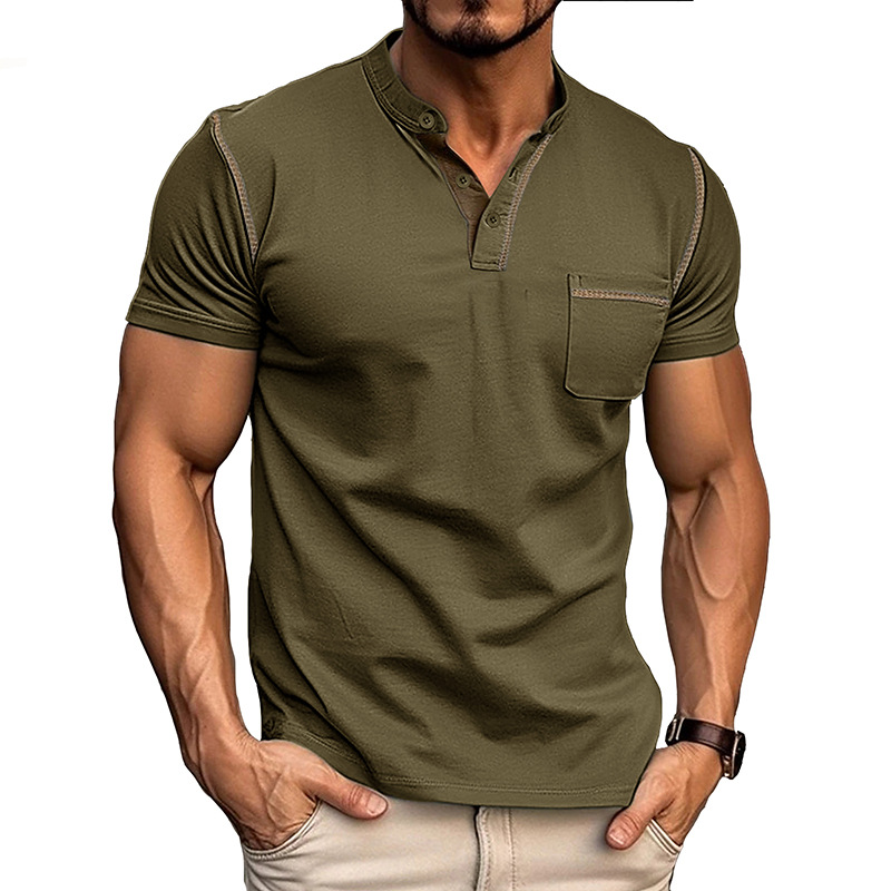 Camicia da uomo con collo alla coreana e tasca, un capo essenziale per la moda maschile.