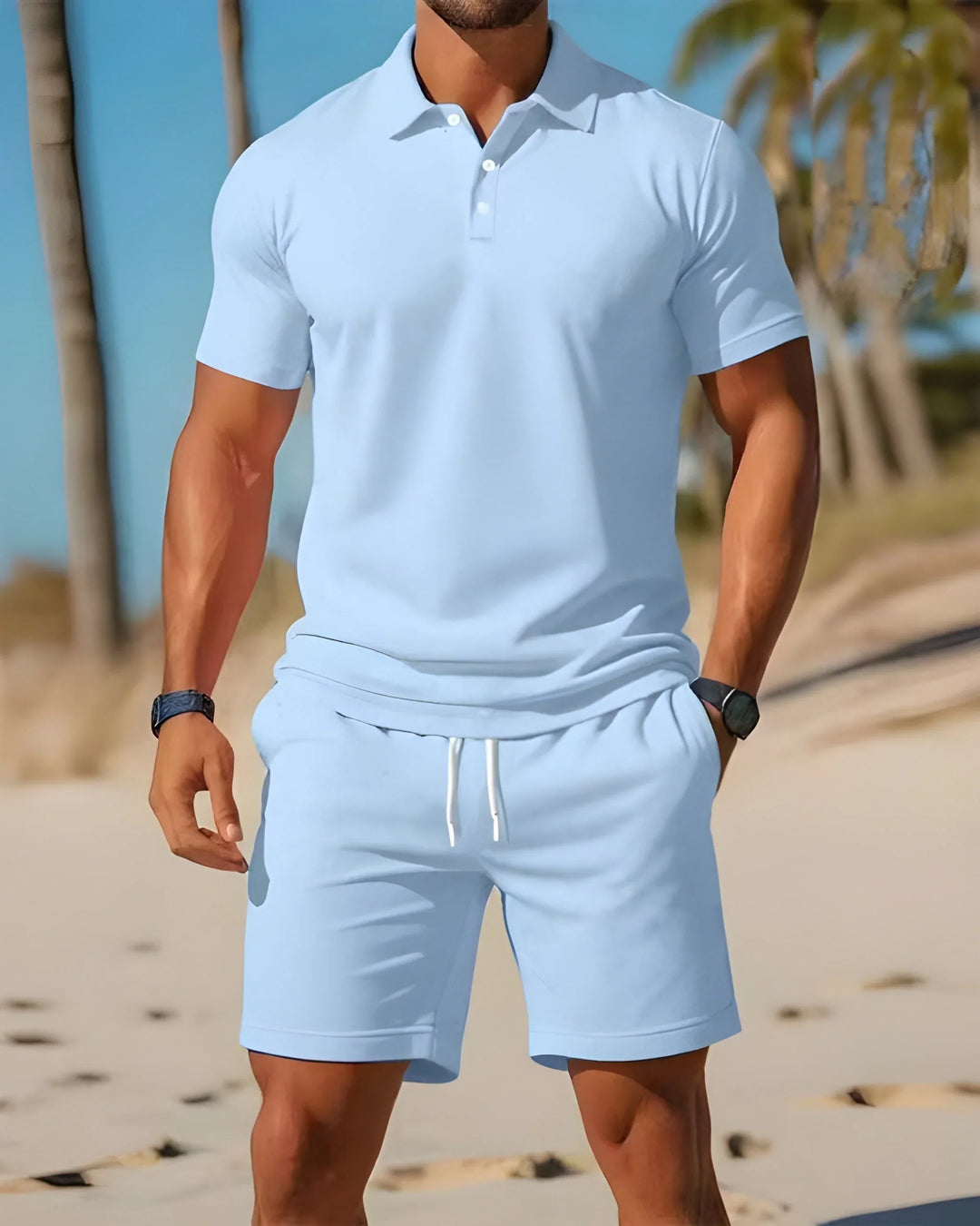 Set estivo uomo: polo a maniche corte e pantaloncini con vita elasticizzata. Abbigliamento moda casual.