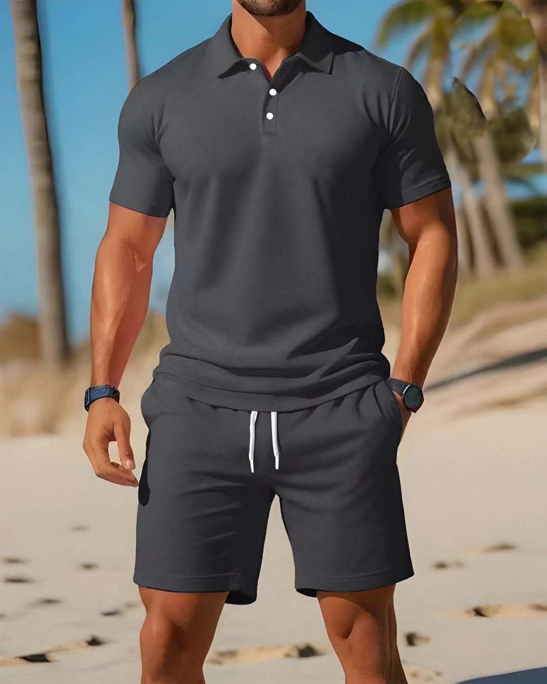 Polo uomo e pantaloncini con coulisse e vita elasticizzata per massimo comfort estivo. Set abbigliamento casual.