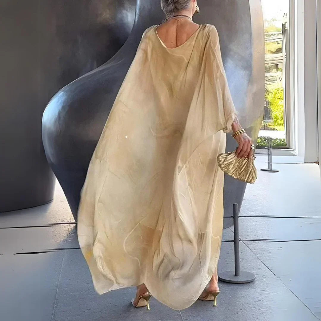 Abito sera blu da donna, modello maxi elegante con maniche a cappa, ideale per cerimonie.