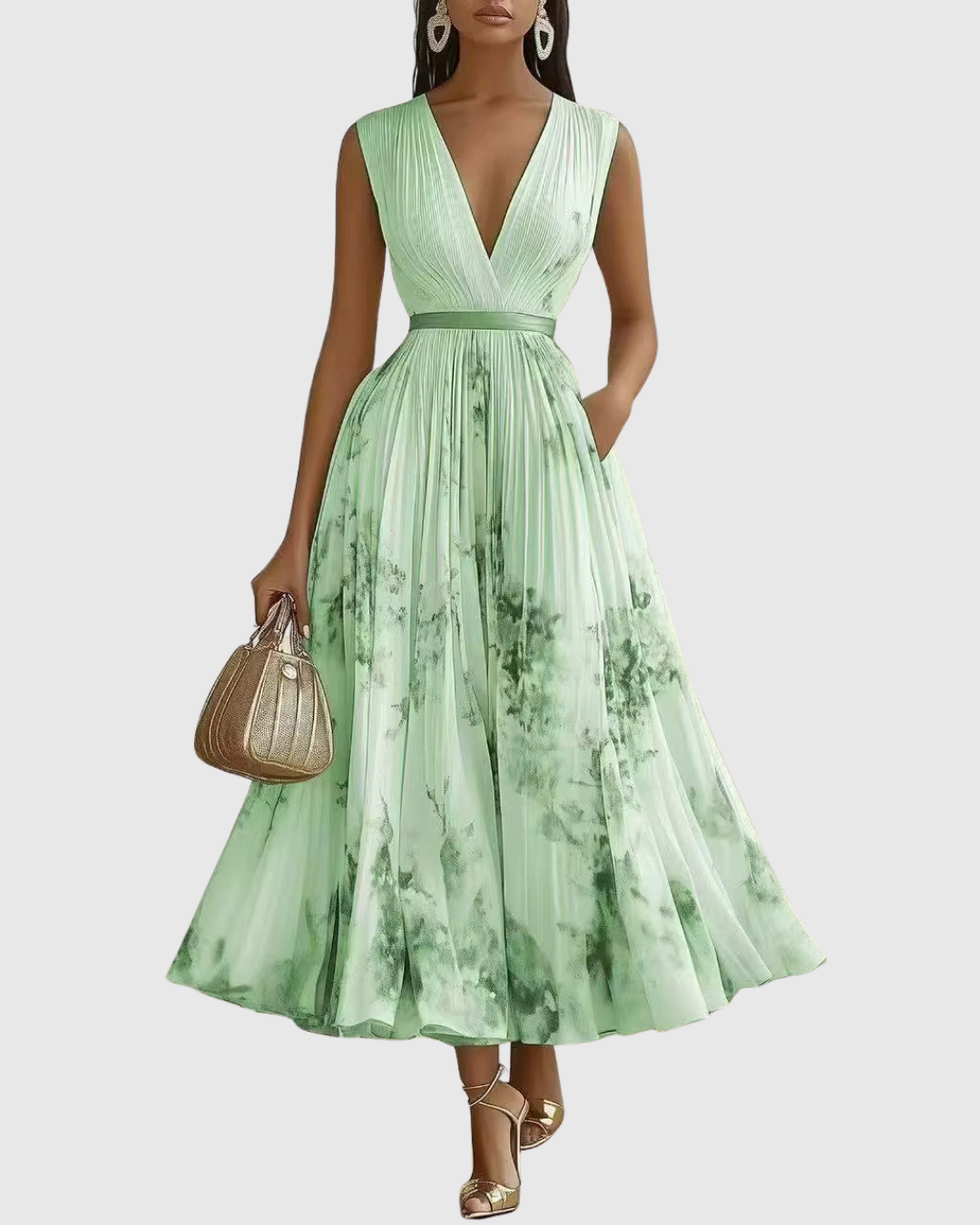 Abito elegante donna scollo V, perfetto per cerimonie, matrimoni, invitate. Fluido e lungo.
