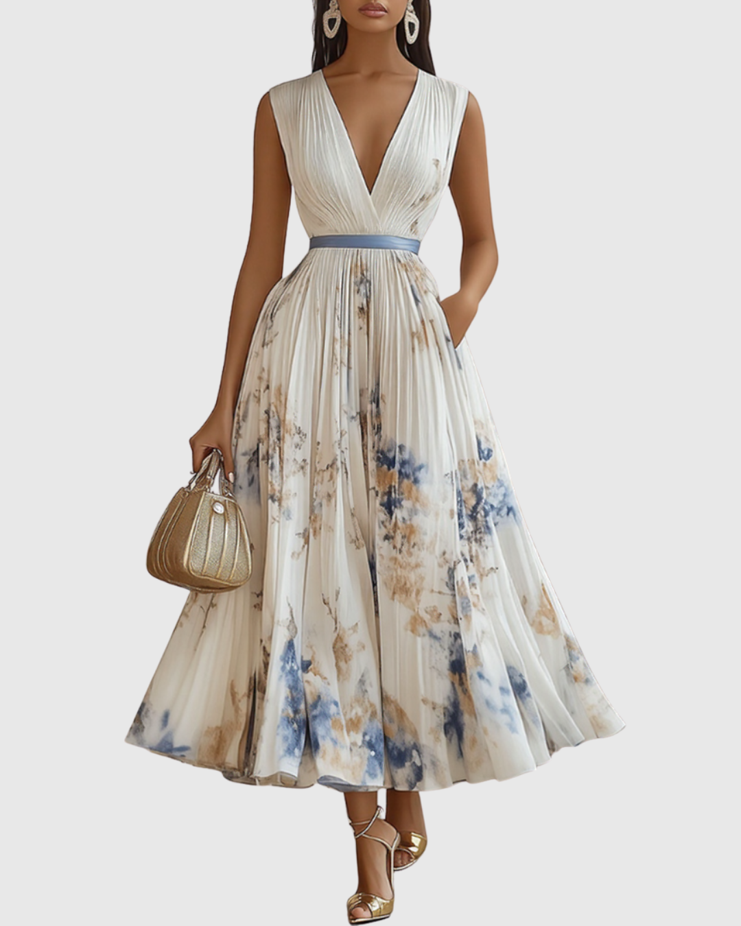 Abito lungo fluido donna con scollo V e cintura, ideale per invitate a matrimoni estivi o primaverili.