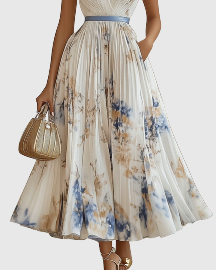 Abito plissé elegante donna per cerimonie, scollo V e cintura che valorizza la figura. Stile invitata.