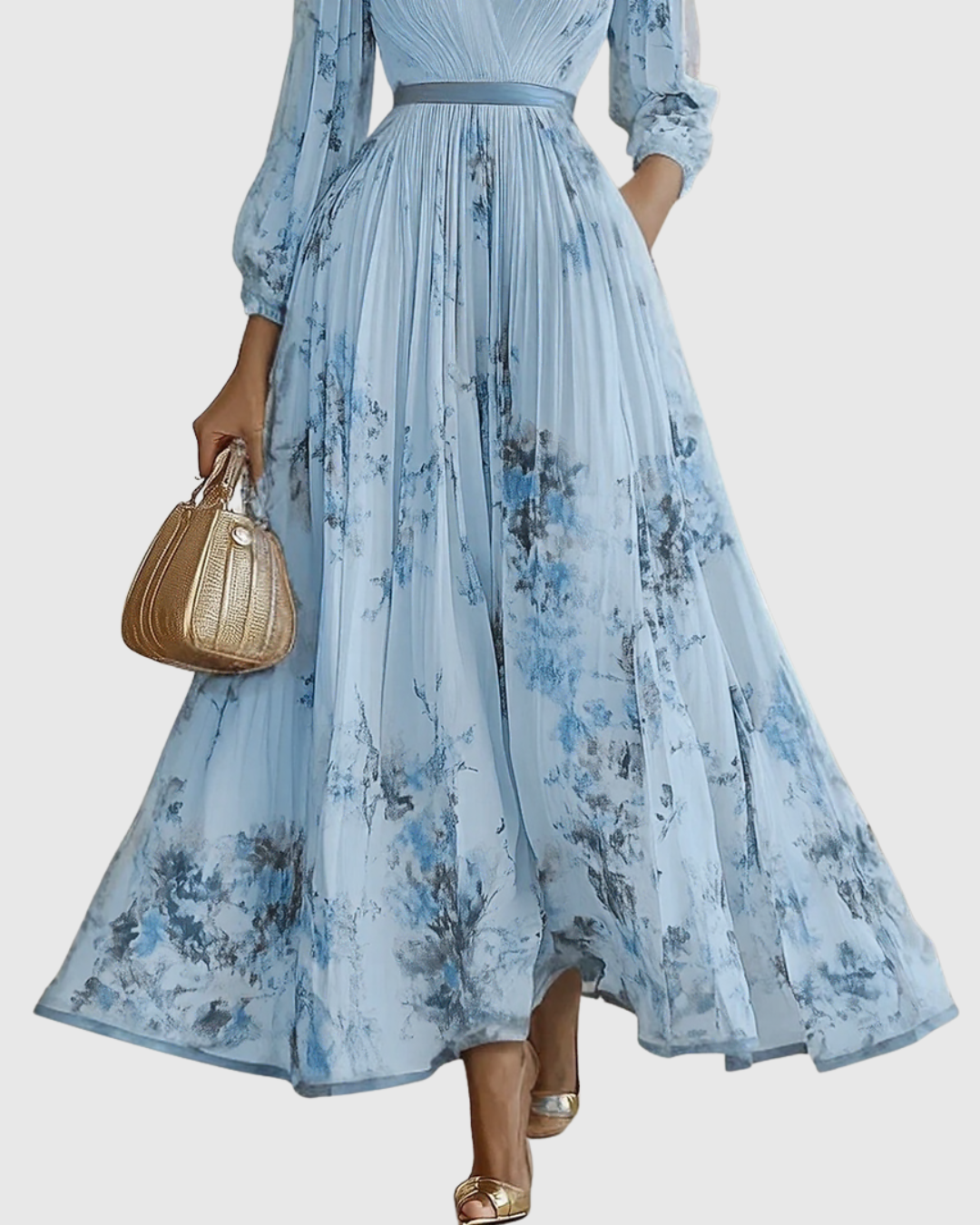 Abito estivo elegante donna con scollo a V e cintura, ideale per matrimoni e occasioni speciali plissé.
