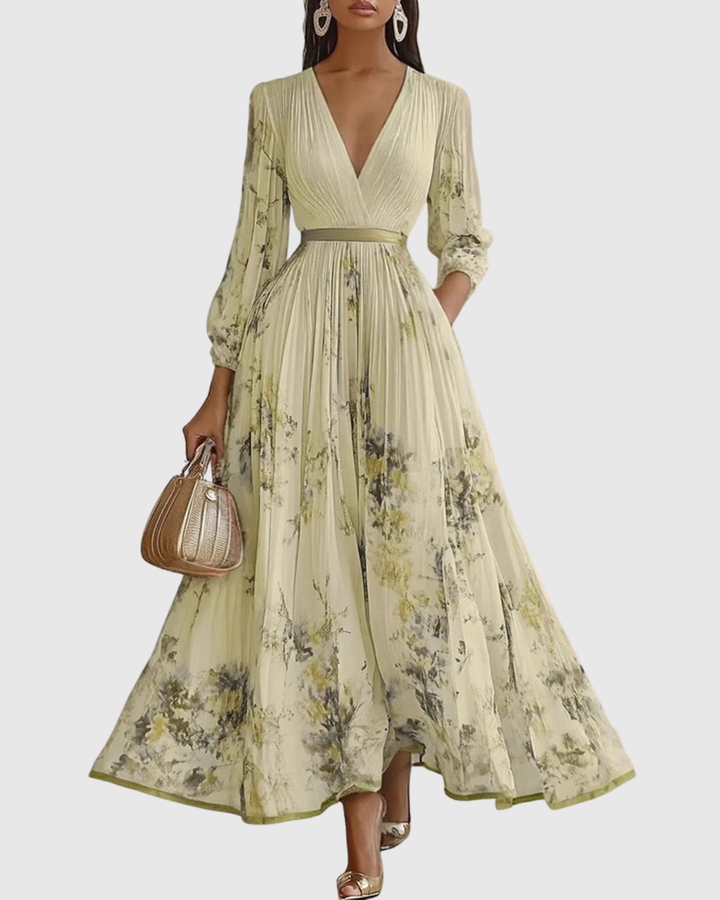 Abito da donna lungo plissé, elegante scollo V con cintura, perfetto per cerimonie primaverili ed estive.