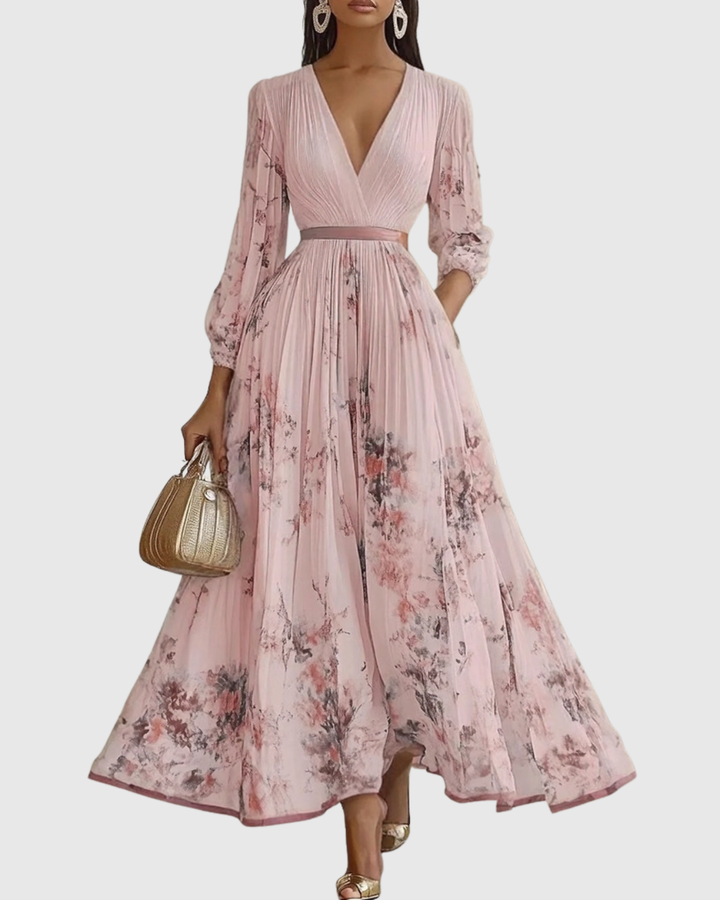 Elegante abito da cerimonia donna scollo V con cintura, vestito fluido per invitate a matrimonio.