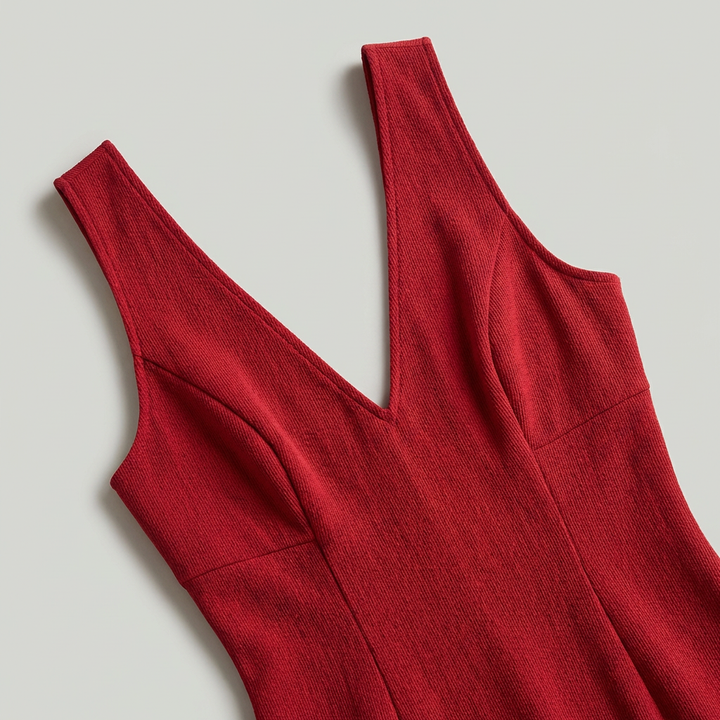 Mini abito rosso elegante da donna con scollo a V, ideale per occasioni speciali e serate.