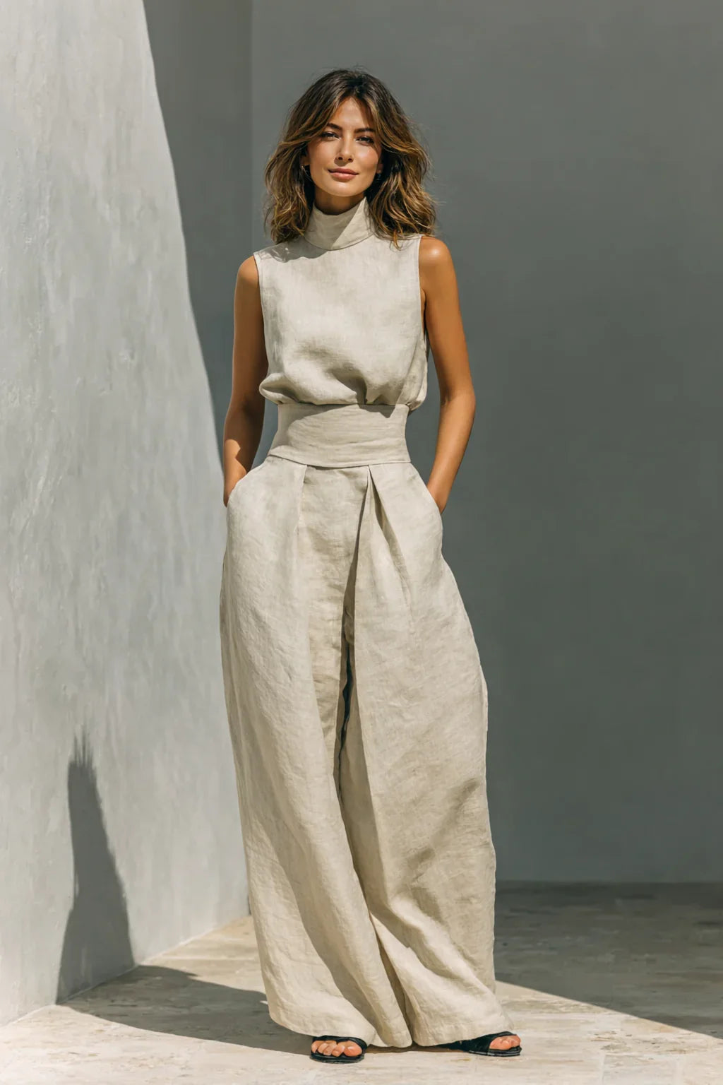 Set donna casual-elegante con pantaloni ampi a vita plissettata e top a collo alto. Outfit versatile moda estiva.