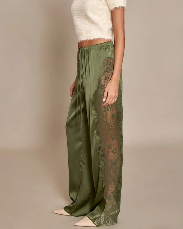 Pantaloni donna eleganti a vita alta con pizzo e gamba dritta, perfetti per outfit chic primaverili.