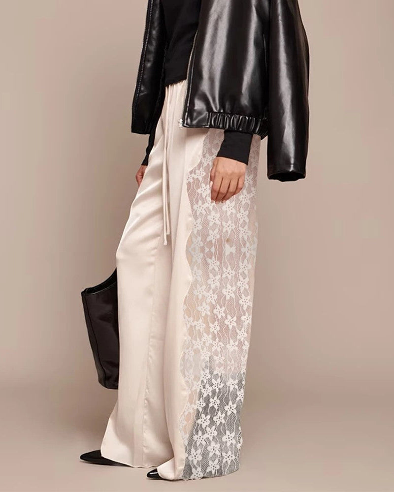 Pantaloni donna marrone scuro a vita alta con pizzo, gamba dritta per una silhouette elegante primavera estate.