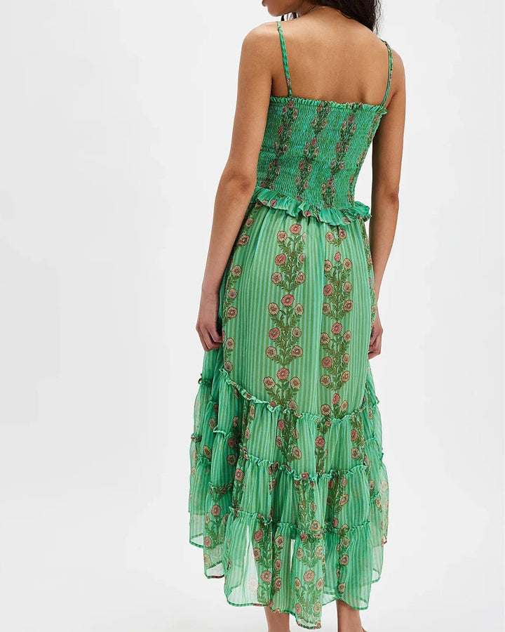 Vestito midi floreale donna per l'estate, con balze, scollo a V e spalline regolabili. Moda fresca e chic.