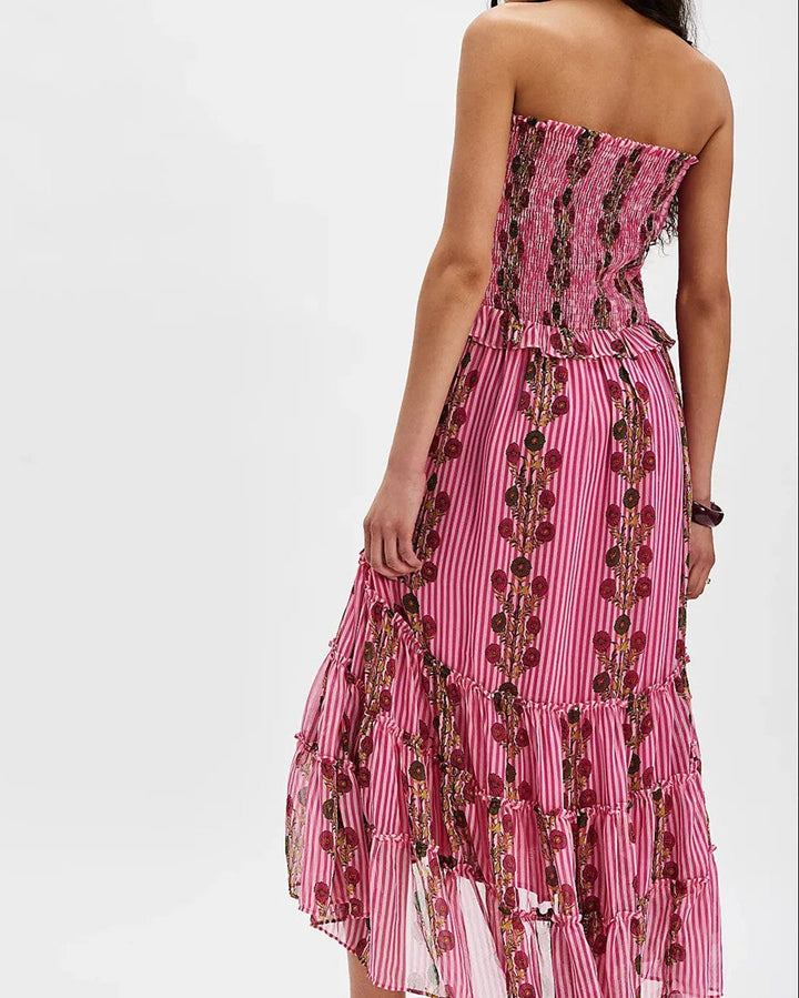 Abito donna midi estivo con stampa floreale, vestito fresco e chic con spalline regolabili e balze sottili.