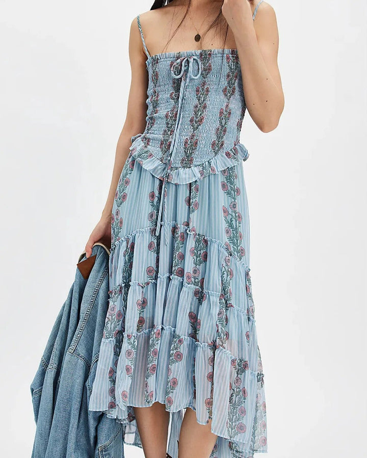 Abito midi floreale donna, elegante vestito estivo con stampa vivace e spalline regolabili. Ideale per la moda fresca.