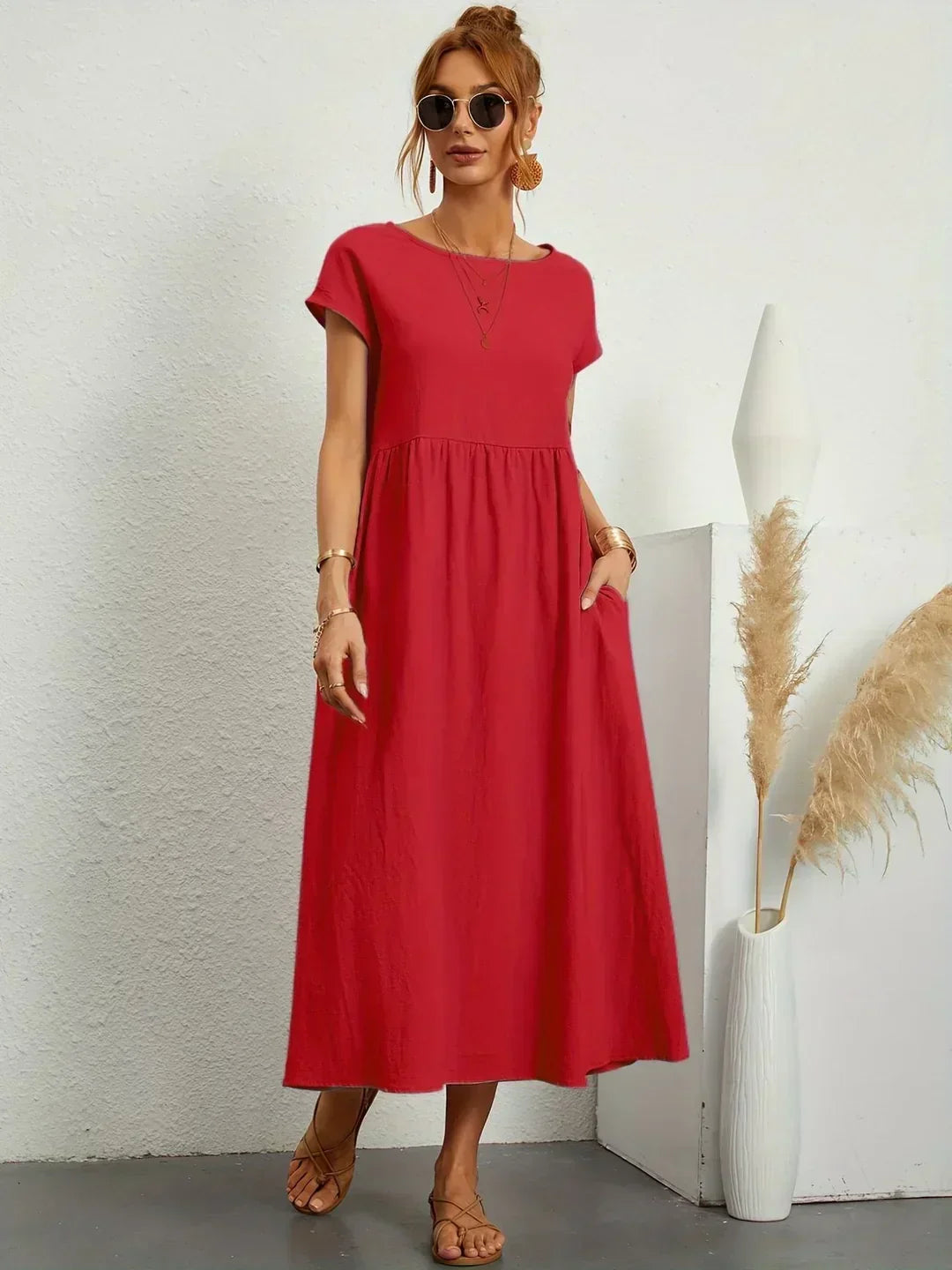 Vestito donna autunno midi, maniche kimono, tasche, scollo rotondo, per un look confortevole.