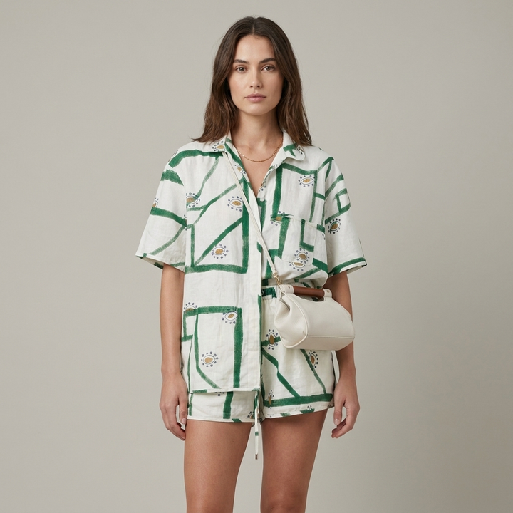 Set coordinato donna estivo con camicia oversize e shorts a stampa geometrica colorata.