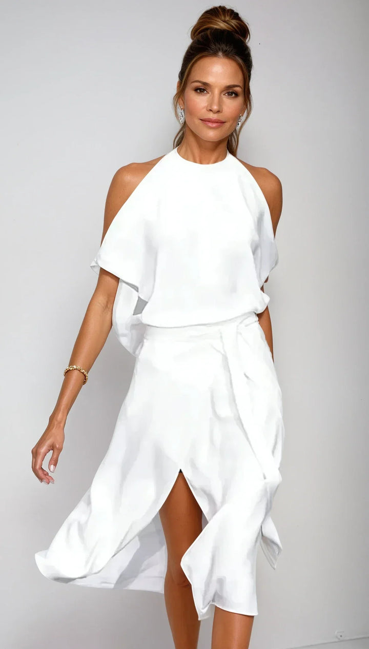 Vestito da sera donna elegante Bardot asimmetrico midi con cintura, perfetto per cerimonie ed eventi speciali.
