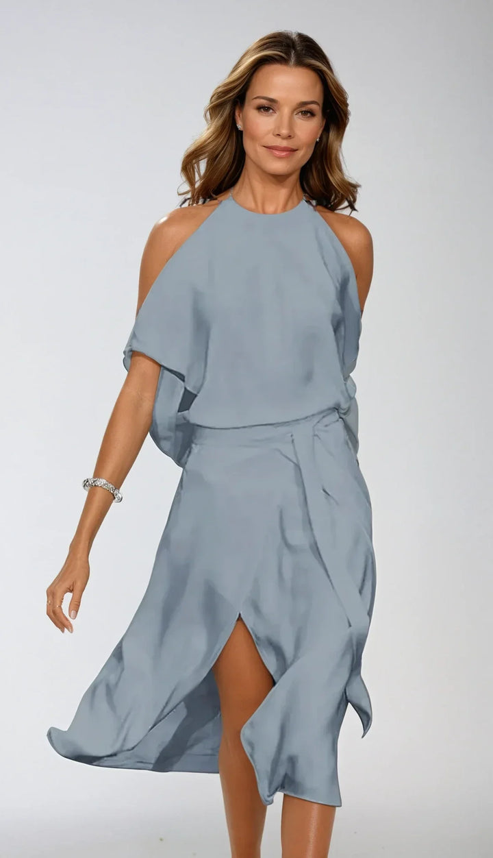Abito da sera asimmetrico Bardot da donna, scollo Bardot, spacco, fluido e femminile, ideale per occasioni eleganti.