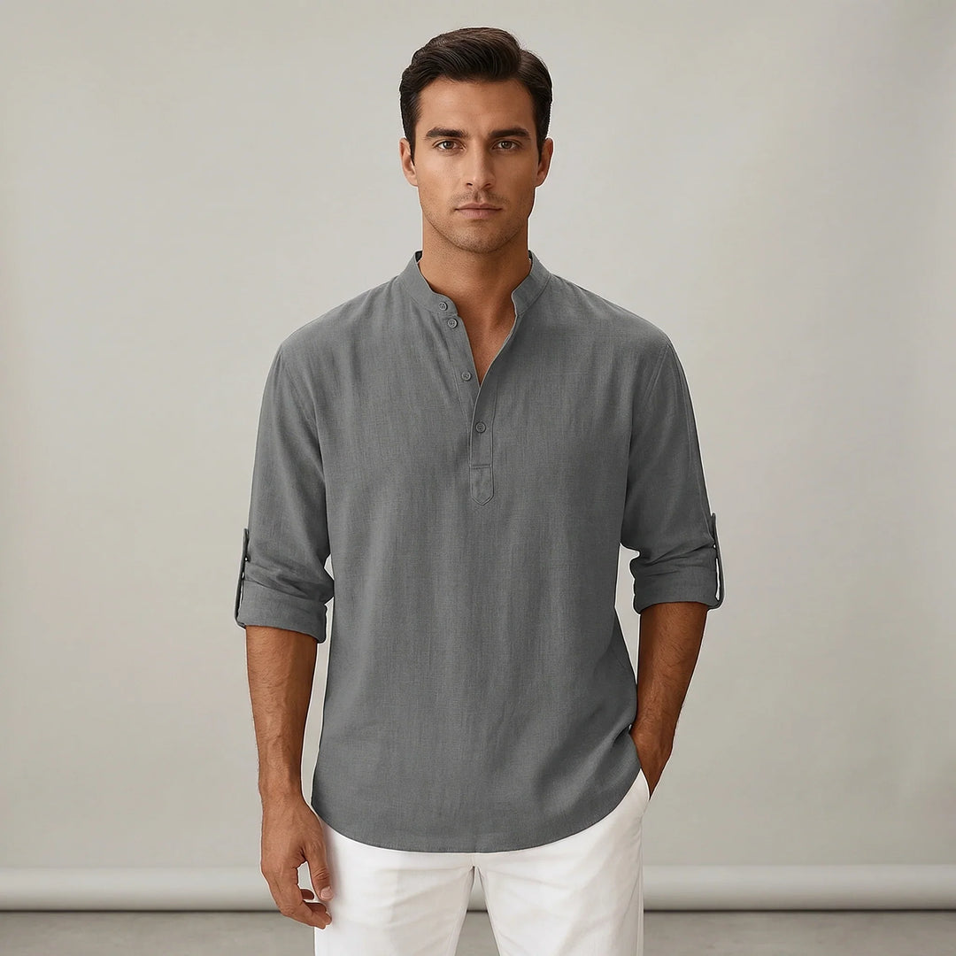 Camicia uomo leggera collo coreano, maniche arrotolabili. Perfetta per estate/primavera, stile casual elegante.