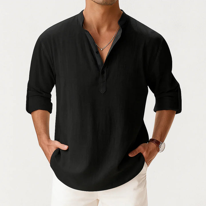 Moda uomo: camicia primaverile leggera con collo coreano. Maniche arrotolabili, ideale per un look versatile casual.