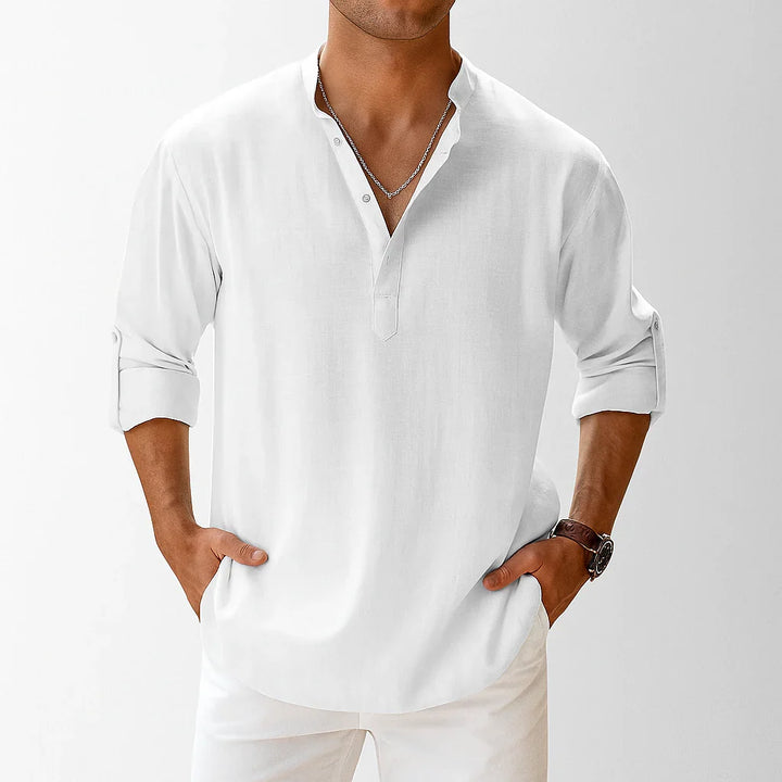 Eleganza e comfort: camicia uomo leggera con collo coreano. Maniche arrotolabili, perfetta per ogni occasione casual.