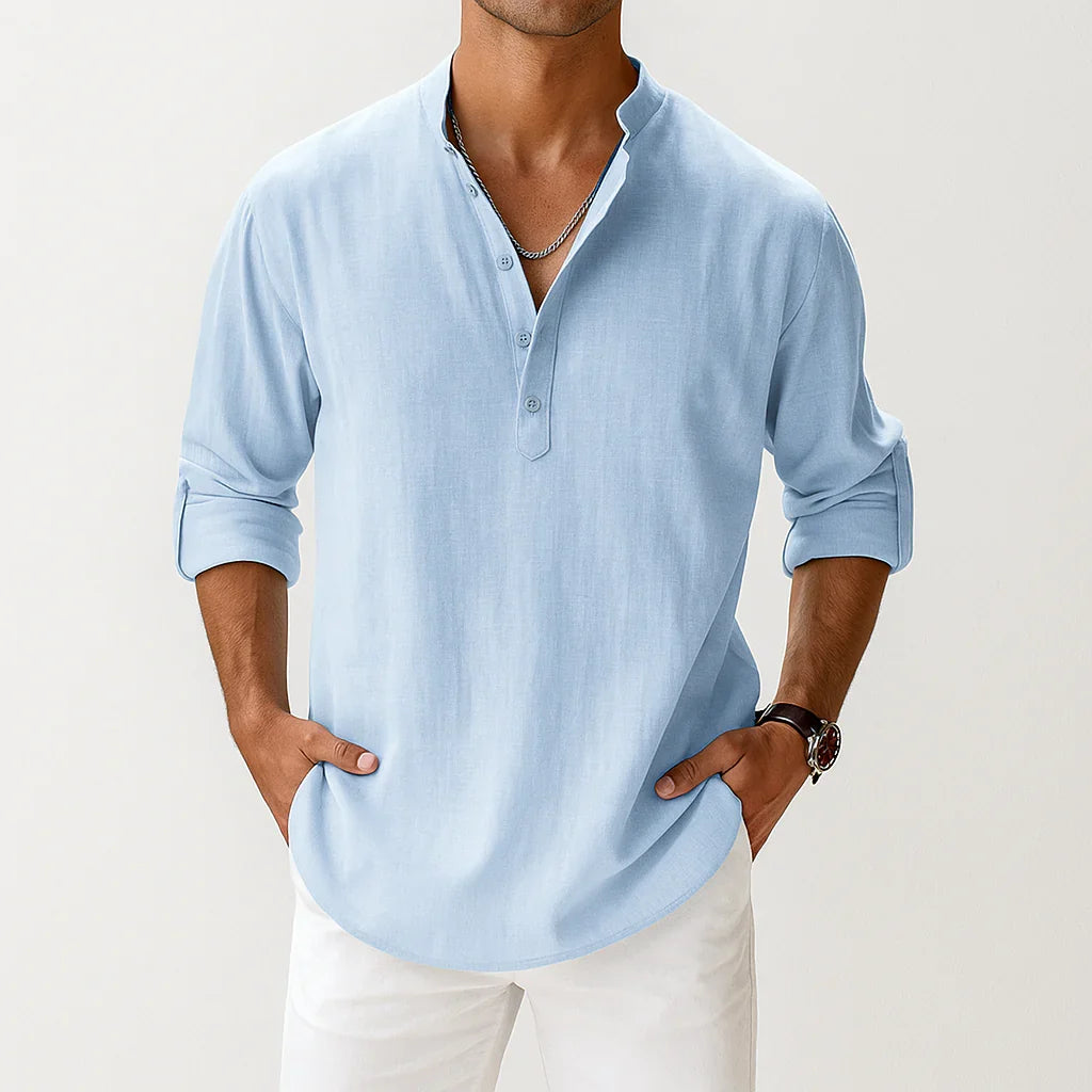 Camicia uomo leggera e casual, collo coreano unico. Maniche arrotolabili offrono versatilità per look primaverili.