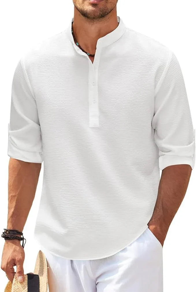 Camicia uomo bianca a maniche lunghe con collo coreano, vestibilità comoda, elegante e casual per moda maschile.