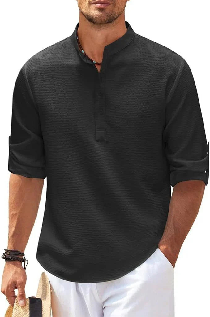 Camicia uomo elegante con collo coreano, maniche lunghe, perfetta per look casual e formali estivi.
