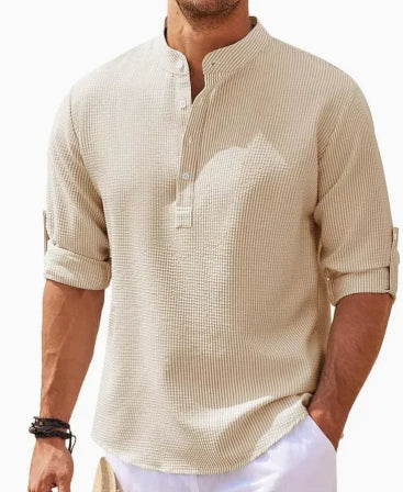 Camicia uomo estiva, leggera, a maniche lunghe con collo coreano. Vestibilità comoda per un look casual elegante.