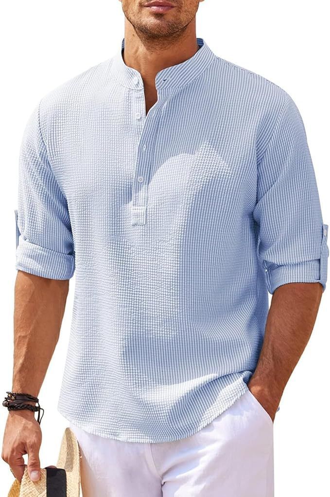 Moda maschile: camicia uomo a maniche lunghe con collo coreano, versatile, abbottonatura discreta per stile casual.