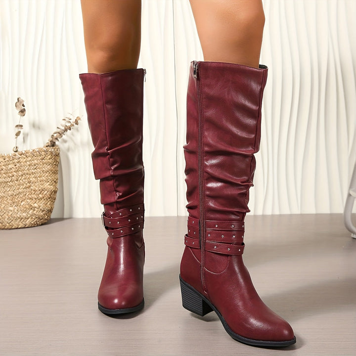 Stivali neri da donna in stile arricciato al ginocchio, con fibbia decorativa e tacco a blocco, per look eleganti.