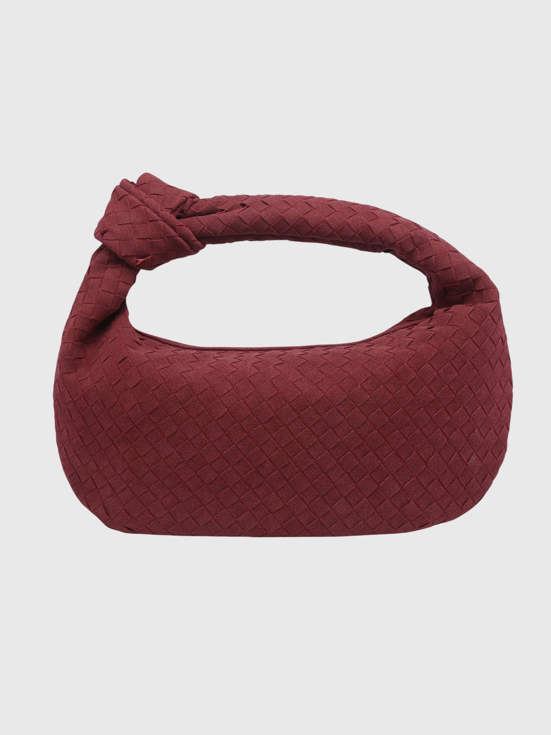Borsa donna media in suede intrecciato con chiusura a nodo, stile elegante.
