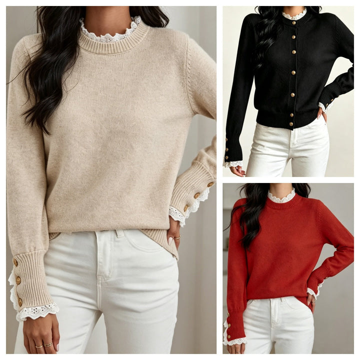 Maglione donna elegante in maglia fine, con raffinato pizzo sul décolleté e collo rotondo. Perfetto per l'autunno.