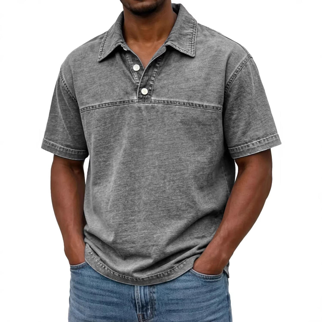 Polo uomo casual grigia, tinta unita, comfort estivo, stile vintage versatile.