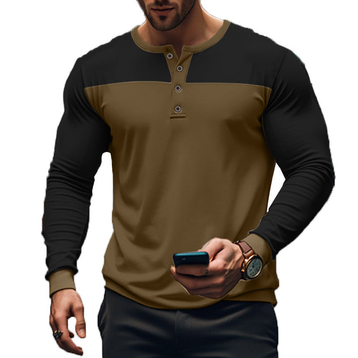 Elegante maglia uomo Henley color block a maniche lunghe, un capo essenziale per la moda maschile.