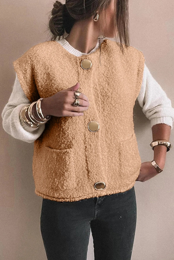 Elegante gilet beige teddy da donna, capo moderno con bottoni, ideale per un look a strati dinamico.