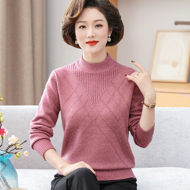 Maglione donna a maglia spessa con collo alto, caldo e stiloso per l'abbigliamento invernale.