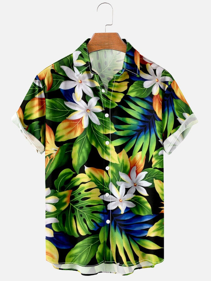 Camicia uomo primaverile/estiva floreale, maniche corte, stampa vivace, comoda ed elasticizzata per vacanza.