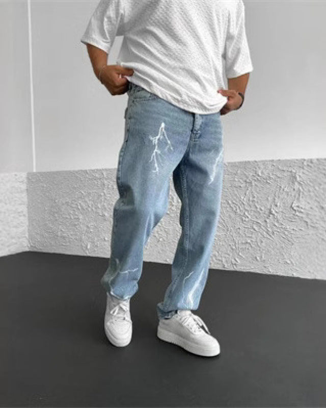 Pantaloni uomo primavera stampati gamba larga dritti. Stile casual comodo blu cielo per un look rilassato e alla moda.