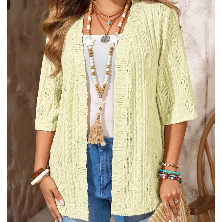 Cardigan donna open front traforato, leggero con maniche 3/4. Stile autunnale e primaverile.