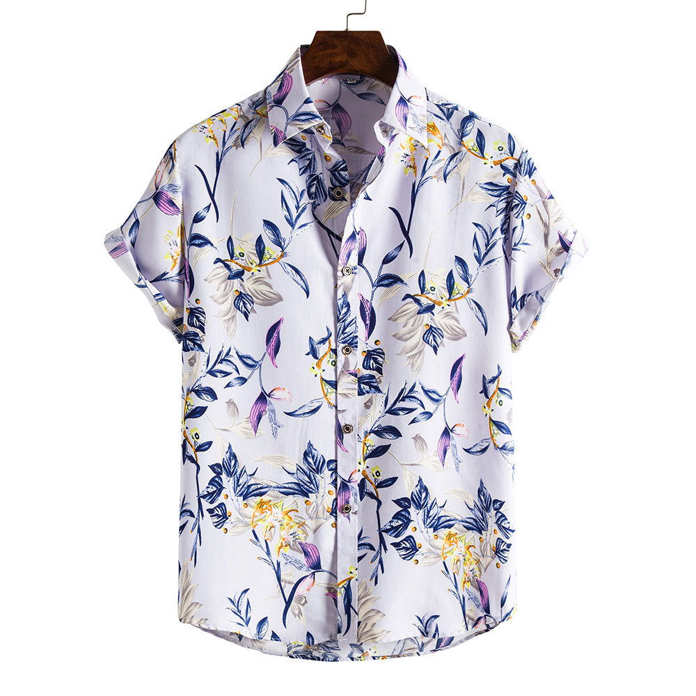 Camicia uomo estiva slim fit a maniche corte con stampa floreale, colletto a revers, stile casual moda.