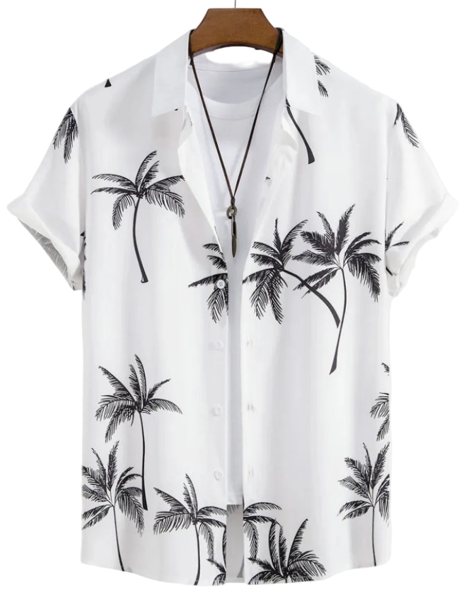 Camicia estiva uomo con vivace stampa floreale tropicale, fresca e alla moda, perfetta per il tempo libero.