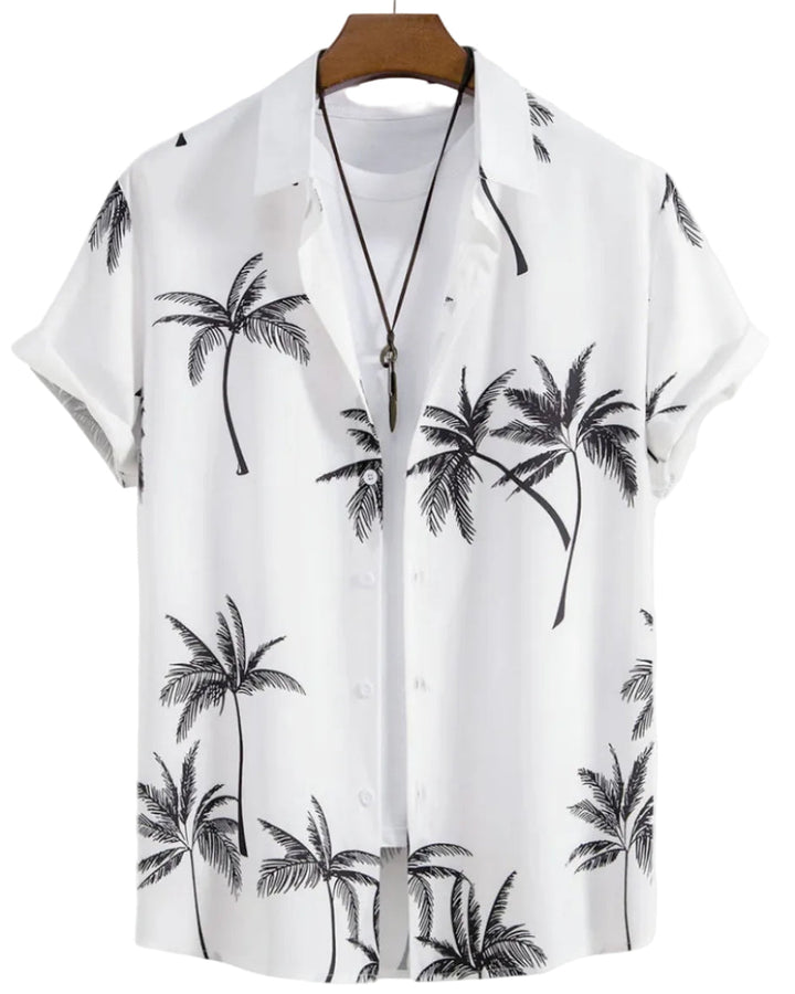 Camicia estiva uomo con vivace stampa floreale tropicale, fresca e alla moda, perfetta per il tempo libero.