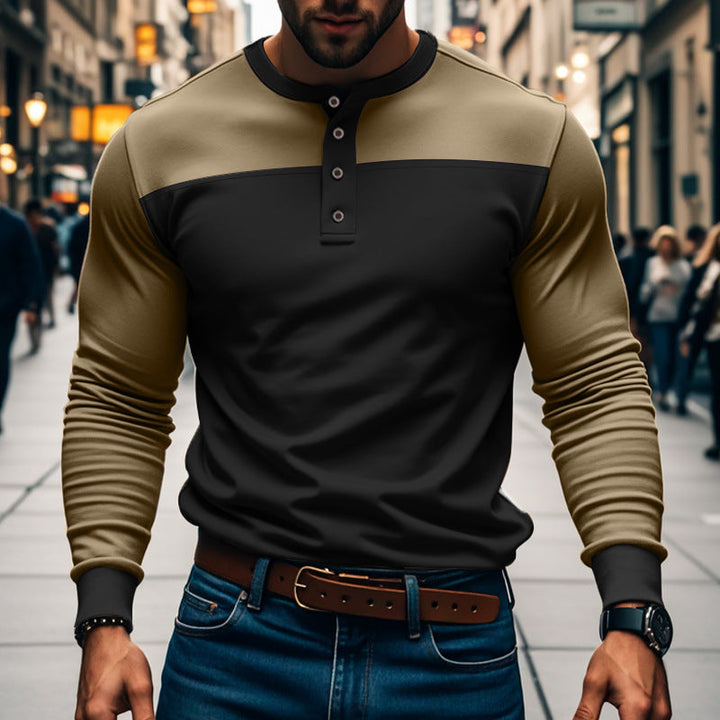 Pullover Henley uomo casual in color block, ideale per il comfort quotidiano e la moda uomo.