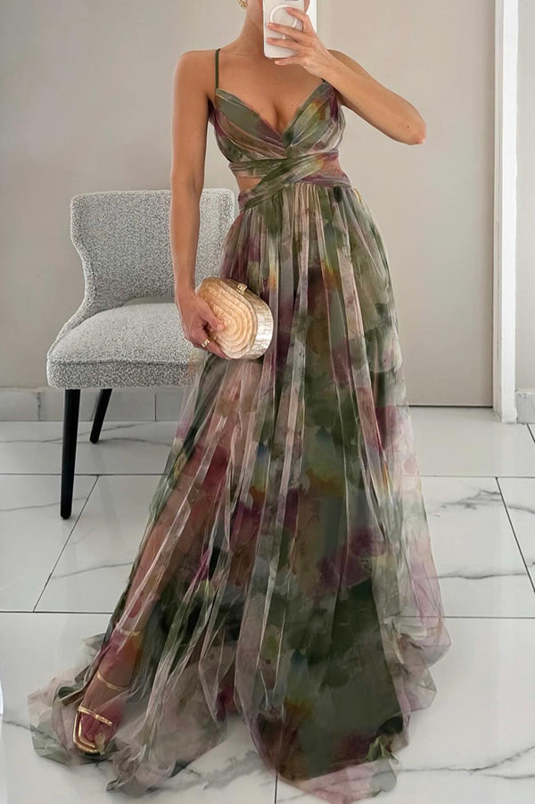 Maxi abito lungo donna elegante con stampa, allacciatura regolabile. Ideale per cocktail e feste.
